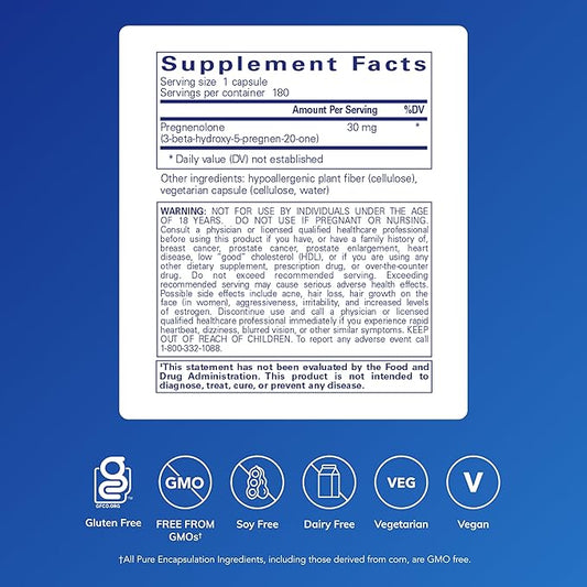 Pure Encapsulations Pregnenolone - 30 mg - Hormone Support - Memory Support & Brain Supplement - Gluten Free & Vegan - 180 Capsules