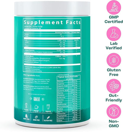 GOBIOTIX Collagen Powder Supplement with Probiotics - Hydrolyzed Protein Collagen Powder for Women - Hair Skin and Nails, Joint and Digestive Health - Collagen Peptides Type I and III - 30 Servings