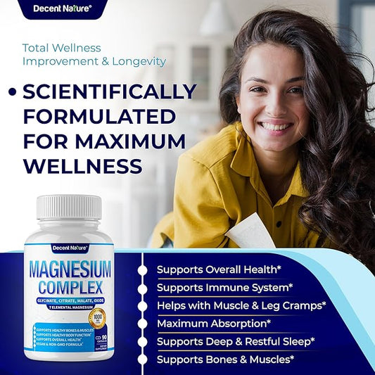 Magnesium Complex 7 Elemental Magnesium Supplement 1000mg – Magnesium Glycinate, Citrate, Malate, Taurate, Oxide, Aspartate, Orotate Non-GMO 90 Capsules