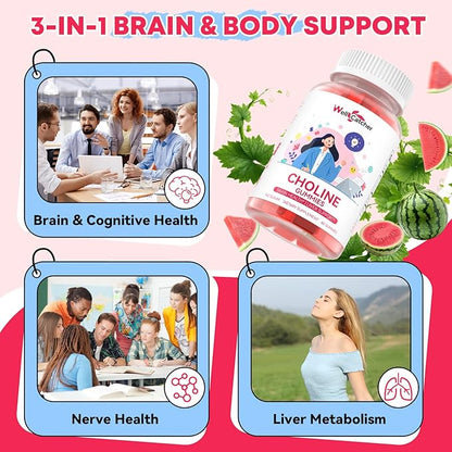 CDP Choline Supplement Gummies 550 mg: Citicoline Brain Supplement for Memory Focus Liver Health with DHA B12, High Potency Sugar Free Vegan Non GMO Watermelon Flavor 30 Days