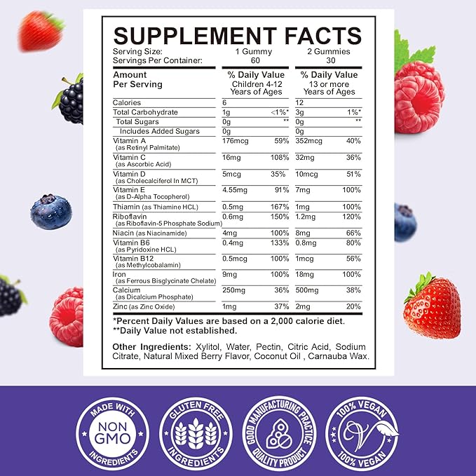 Iron Supplement Gummies for Kids - with Calcium, Zinc, Kids Multivitamin with Iron Gummies - Immune Support, Blood Builder & Energy Support for Iron Deficiency, Anemia, Mixed Berry Flavor, 60 Gummies