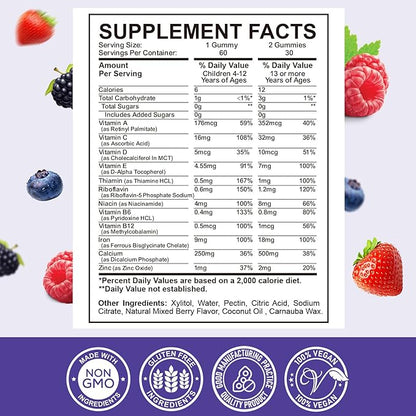 Iron Supplement Gummies for Kids - with Calcium, Zinc, Kids Multivitamin with Iron Gummies - Immune Support, Blood Builder & Energy Support for Iron Deficiency, Anemia, Mixed Berry Flavor, 60 Gummies