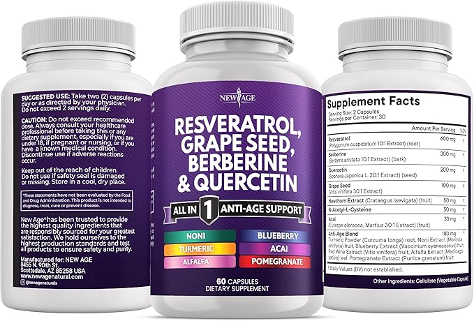 NEW AGE Resveratrol, Berberine, Grape Seed Extract, Quercetin - Polyphenol Supplement for Women and Men with Noni, N-Acetyl Cysteine, Acai - 60 Capsules