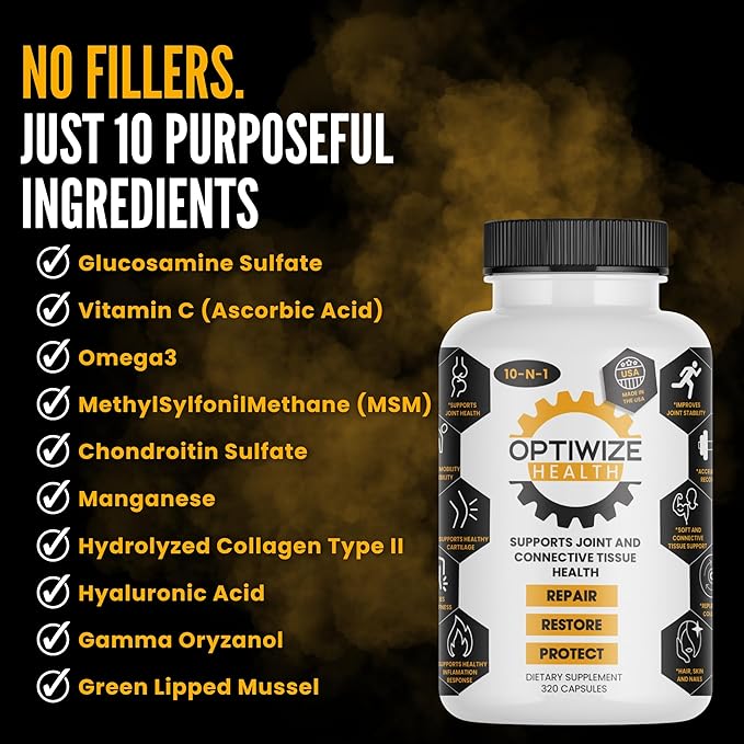 OptiWize 10-N-1 Joint Support Hydrolyzed Collagen,MSM, Hyaluronic Acid, Glucosamine,Chondroitin & More- Targets Joint Discomfort, Improves Mobility & Flexibility 320 Caps for Men & Women Made in USA