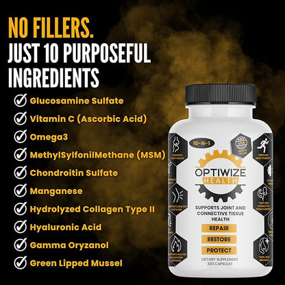 OptiWize 10-N-1 Joint Support Hydrolyzed Collagen,MSM, Hyaluronic Acid, Glucosamine,Chondroitin & More- Targets Joint Discomfort, Improves Mobility & Flexibility 320 Caps for Men & Women Made in USA