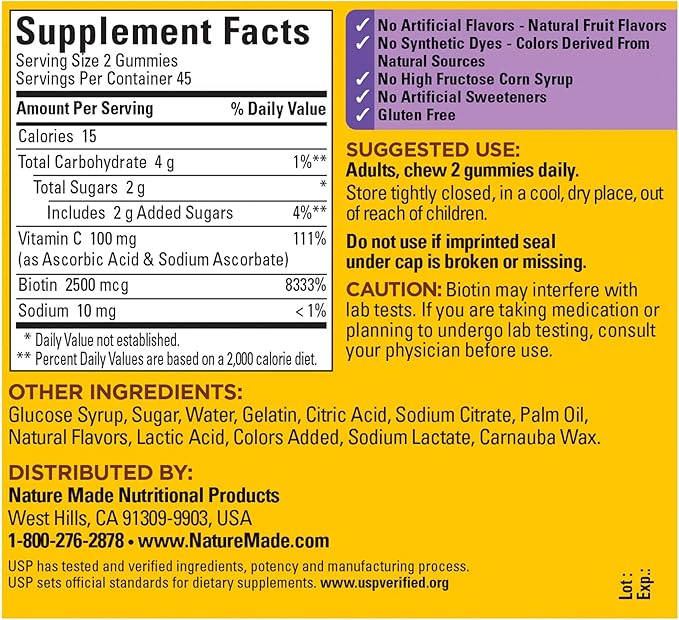 Nature Made Hair Skin and Nails with Biotin 2500 mcg, Dietary Supplement for Healthy Hair, Skin & Nails Support, 90 Gummies, 45 Day Supply (Pack of 2)
