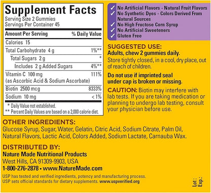 Nature Made Hair Skin and Nails with Biotin 2500 mcg, Dietary Supplement for Healthy Hair, Skin & Nails Support, 90 Gummies, 45 Day Supply (Pack of 2)