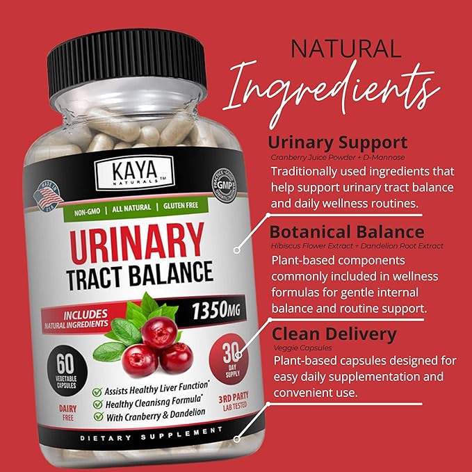 Kaya Naturals - D-Mannose - Urinary Tract UT Cleanse & Bladder Health - Made with Cranberry, Hibiscus & Dandelion Root - D Mannose Capsules Cranberry Supplement - 60 Veggie Capsules