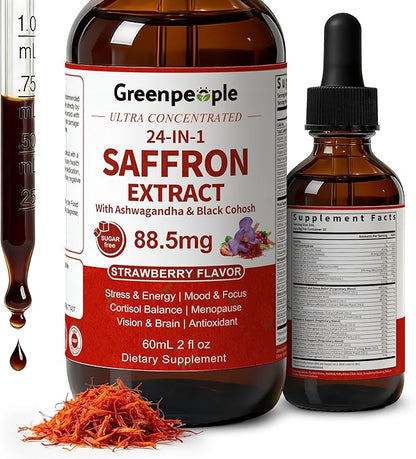 GREENPEOPLE Saffron Extract Supplements Drop - 24-in-1 88.5mg Saffron Extract with Ashwagandha,Black Cohosh & Lion's Mane for Mood&Focus,Stress Relief,Cortisol Reducer,Menopause – Vegan 2FL OZ