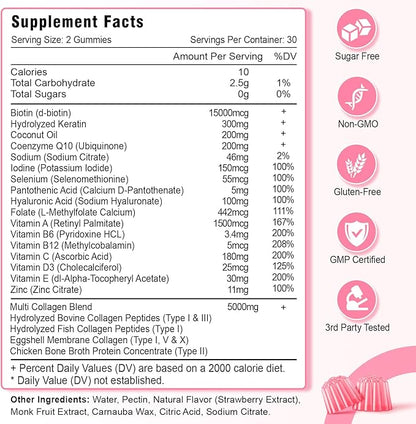 2 Pack Collagen Gummies for Women Men, Hydrolyzed Collagen Peptide Type I,II,III,V,X with Biotin, Vitamin C A B D E for Skin Hair Nails J0ints, Immunity Energy Digestion, Sugar Free, 120 Count
