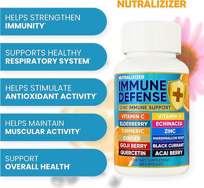 12 in 1 Immune Support Supplement - Immune Defense Vitamins w/VIT D3, Vitamin С, Zinс, Echinacea, Elderberry, Ginger &More - Natural Immunity System Booster - Immune & Muscle Health 120cs
