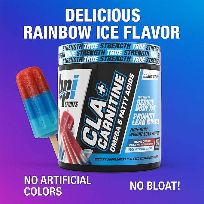 BPI Sports CLA+Carnitine – CLA L Carnitine & Linoleic Acid – L Carnitine Supplement for Weight Loss, Metabolism & Lean Muscle – Caffeine Free – Rainbow Ice – 50 Servings – 12.34 oz