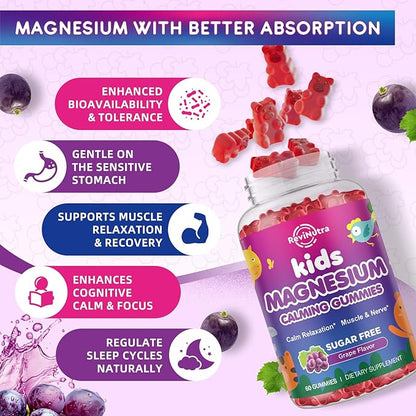 Kids Magnesium Glycinate Gummies - Magnesium Supplement Gummies with L-Theanine, Chamomile, Licorice, Vitamin B6, D for Kids & Adults Sleep, Stress, Muscle Relief & Nerve Bone - Sugar Free Grape 60ct