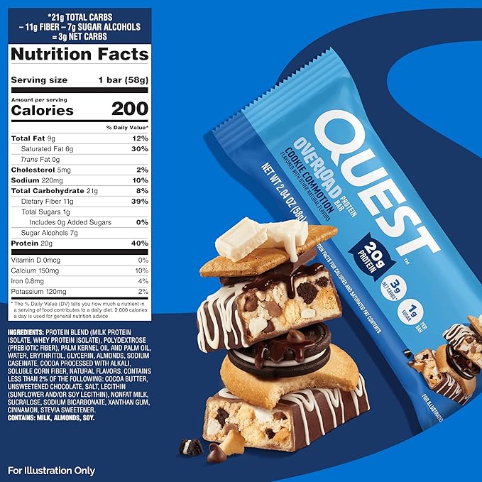 Quest Nutrition Overload Protein Bars, Cookie Commotion, 20g Protein, 1g Sugar, 3g Net Carbs, Gluten Free, 12 Count