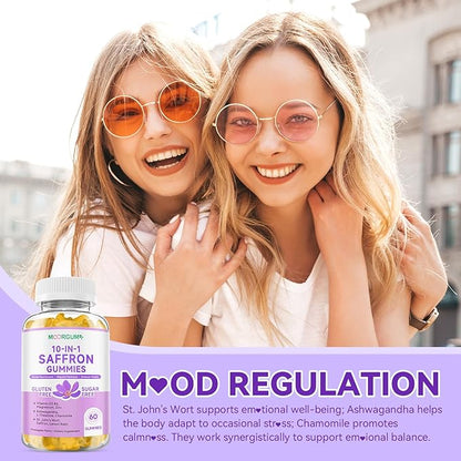 Saffron Gummies for Adult Kids, 10-IN-1 Cortisol Support Supplement with Saffron 88.5mg, Vitamin D3, B6, Magnesium, Zinc, Ashwagandha, L-Theanine, St. John's Wort, For Emotions, Slumber, 120 Count