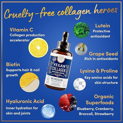 WINDSOR BOTANICALS Vegan Collagen Builder Liquid Supplement - Collagen Booster with Vitamin C, Biotin, Hyaluronic Acid & Amino Acids - Organic Fruit & Vegetable Blend - 120ml, 60 Day