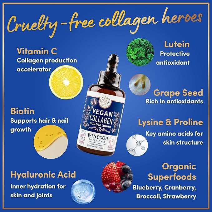 Vegan Collagen Builder Liquid - Vitamin C, Biotin, Hyaluronic Acid & Amino Acids Sugar Free Vegeterian Collagen Booster - Organic Fruit & Vegetable Blend - Hair & Nail Growth, Skin Health - 2oz, 30Day