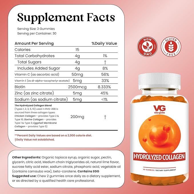 VITA GLOBE Collagen Gummies – 200mg Hydrolyzed Collagen Types I, II, III, V & X | Supports Hair, Skin, Nails, Joints & Bones | Beauty & Wellness Supplement for Women & Men – 60 Count (Pack of 1)
