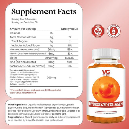 VITA GLOBE Collagen Gummies – 200mg Hydrolyzed Collagen Types I, II, III, V & X | Supports Hair, Skin, Nails, Joints & Bones | Beauty & Wellness Supplement for Women & Men – 60 Count (Pack of 1)