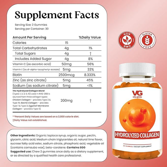 VITA GLOBE Collagen Gummies – 200mg Hydrolyzed Collagen Types I, II, III, V & X | Supports Hair, Skin, Nails, Joints & Bones | Beauty & Wellness Supplement for Women & Men – 60 Count (Pack of 1)