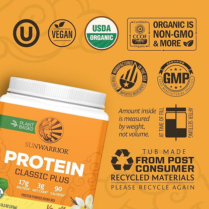 Vegan Organic Protein Powder Plant-Based | 5 Superfood Quinoa Chia Seed Soy Free Dairy Free Gluten Free Synthetic Free Non-GMO | Vanilla 15 Servings | Classic Plus by Sunwarrior