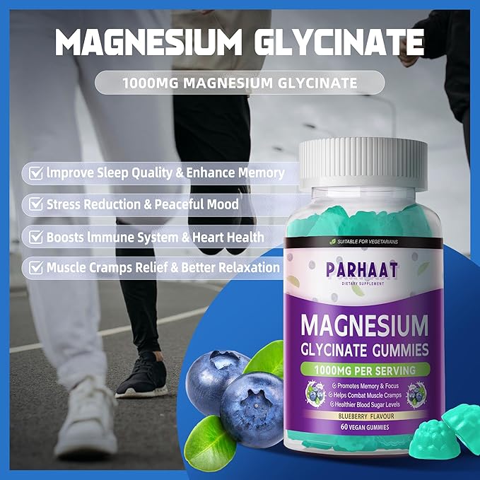 Magnesium Glycinate Gummies - Sugar Free Magnesium Potassium Supplement with Vitamin D, B6, CoQ10 for Calm Mood & Sleep Support - 60 Blueberry Chews
