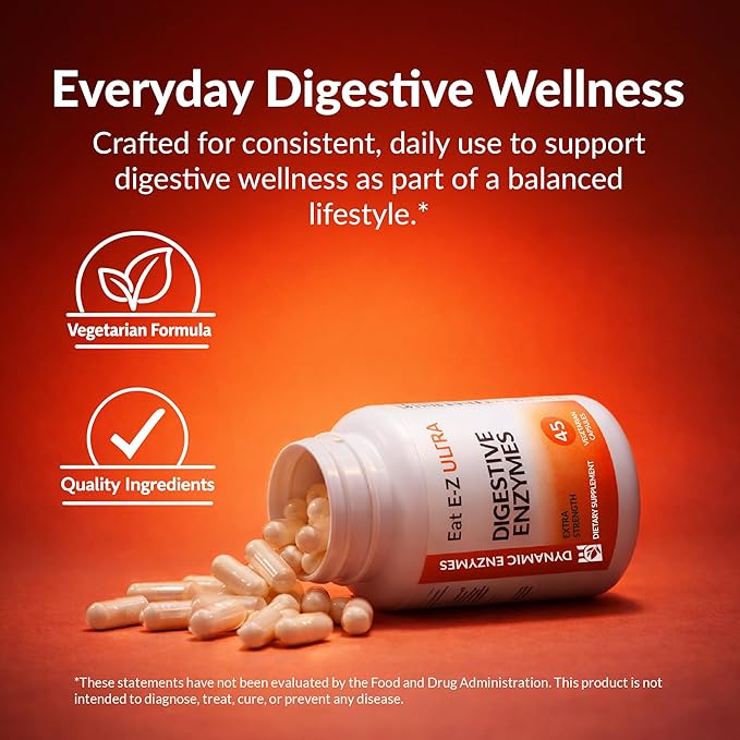 Eat E-Z Ultra Advanced Digestive Enzyme Supplement – Broad-Spectrum Multi-Enzyme Formula for Heavier & Harder-to-Digest Meals – Supports Occasional Bloating, Gas & Indigestion – 45 Vegetarian Capsules