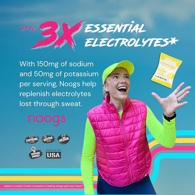 Noogs Sour Energy Chews, Lemon Zinger Electrolyte Energy Gummies, Sour Candy Flavored Alternative to Running Gels, Vegan, Gluten Free & Caffeine Free, 12 Pack