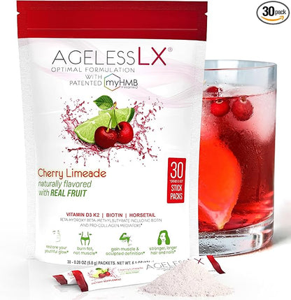 AgelessLX Powder Supplement for Women - with HMB Collagen Enhancer Plus Vitamin D3 with K2, Horsetail and Biotin for Lean Muscle and Stronger Hair and Nails - 30 Powder Packets, Cherry Limeade