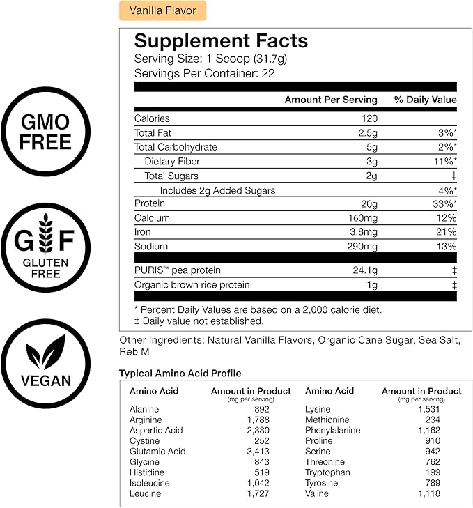 Momentous Vegan Protein Powder - 20 g Plant-Based Protein - NSF Certified for Sport - Gluten-Free - Non-GMO - 22 Servings for Essential Everyday Use - Vanilla