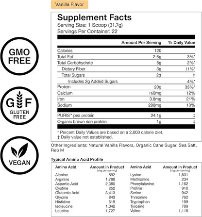 Momentous Vegan Protein Powder - 20 g Plant-Based Protein - NSF Certified for Sport - Gluten-Free - Non-GMO - 22 Servings for Essential Everyday Use - Vanilla