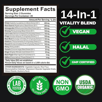 Organic Himalayan Shilajit Gold Gummies for Men and Women, Black Seed Oil, Ashwagandha, Ginseng, Turmeric, Gokshura, Lion's None, Lab Tested,%75 Fulvic Acid, No Sugar Added, Halal, 90Gummy