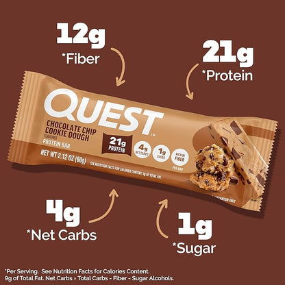 Quest Nutrition Chocolate Chip Cookie Dough Protein Bars, 21g Protein, 4, Net Carbs, 1g Sugar, High Fiber, Gluten Free, Keto Friendly, 4 Count