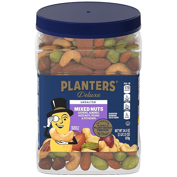 PLANTERS Unsalted Premium Nuts 34.5 oz Resealable Container- Contains Roasted California Pistachios, Cashews, Almonds, Hazelnuts & Pecans - No Artificial Flavors or Colors