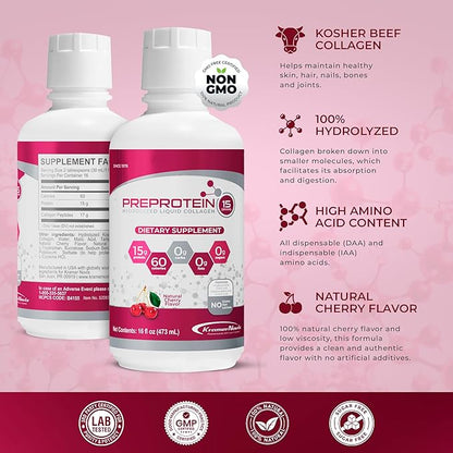 PreProtein 15 Liquid Hydrolyzed Collagen Peptides – Sugar Free Cherry Flavor Drink – 15g Protein Amino Acid Supplement for Bariatric Recovery, Joint Support & Wound Care – 16oz