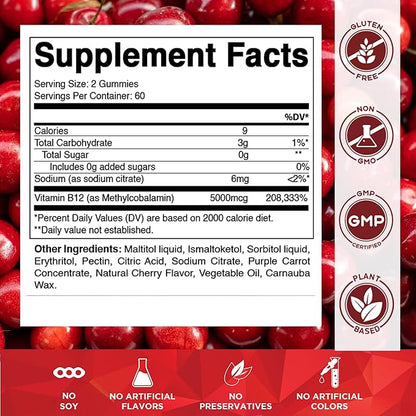 Vitamatic 2 Packs Extra Strength Vitamin B12 5000 mcg (Methyl B12) Gummies - 120 Count - Energy Metabolism Support and Nervous System Health Support, Natural Cherry Flavored