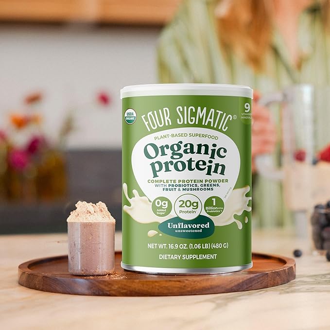 Four Sigmatic Organic Plant-Based Protein Powder | Clean Vegan Protein Elevated with Lion’s Mane, Chaga, Cordyceps and More for Brain Function and Immune Support | Unflavored, 16.9 oz