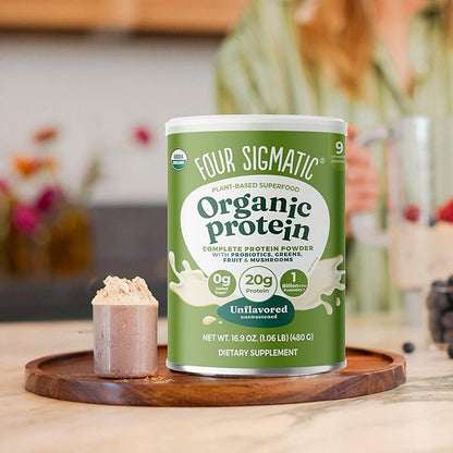 Four Sigmatic Organic Plant-Based Protein Powder | Clean Vegan Protein Elevated with Lion’s Mane, Chaga, Cordyceps and More for Brain Function and Immune Support | Unflavored, 16.9 oz