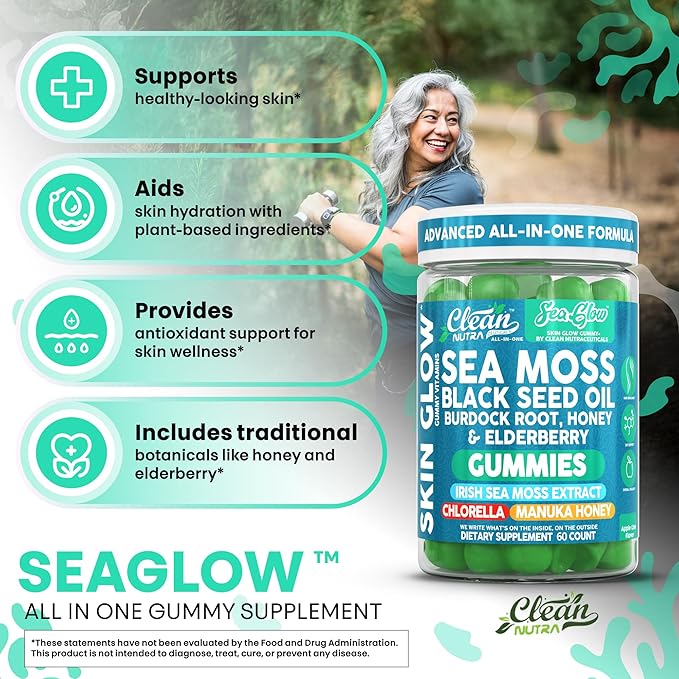 Clean Nutra Sea Moss Gummies Black Seed Oil Chlorella Ashwagandha Root Hair Growth Skin Glow Irish Sea Moss Elderberry Burdock Manuka Honey Trace Minerals Detox 60 Gummy Vitamins Sea Glow Supplement
