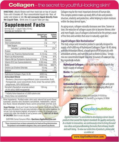 Applied Nutrition Liquid Collagen Skin Revitalization - 10 Liquid Tubes - Collagen, Biotin & Silica - Tropical Strawberry & Kiwi Flavor - 10 Servings