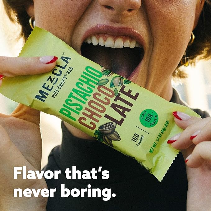Mezcla Puff-Crispy Plant Based Protein Bars - Pistachio Chocolate - Healthy Snacks for Adults & Dubai Chocolate Fans - Travel & Office Snacks - Gluten Free, Vegan, Non GMO, 10g Protein - 12 Count