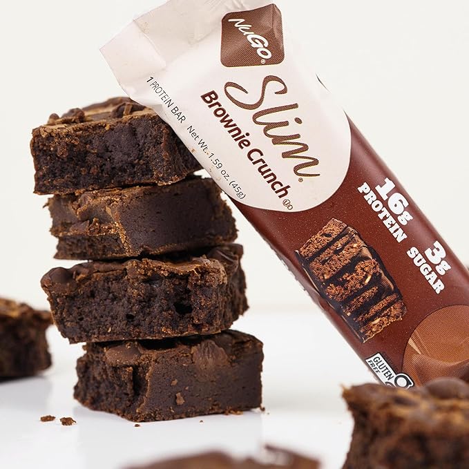 NuGo Slim Dark Chocolate Brownie Crunch, 16g Protein, 3g Sugar, 7g Fiber, Low Net Carb, Keto Friendly, Gluten Free, 12 Count