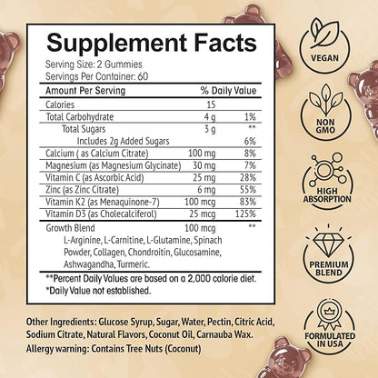 Height Growth Increase Vitamin Gummies, Calcium 100mg, Magnesium Glycinate 30mg, Zinc, Ashwagandha, Vitamin K2 D3 25mg Grow Tall Maximizer Supplement, Multivitamin for Kids, Teens Boy & Girl, Adults