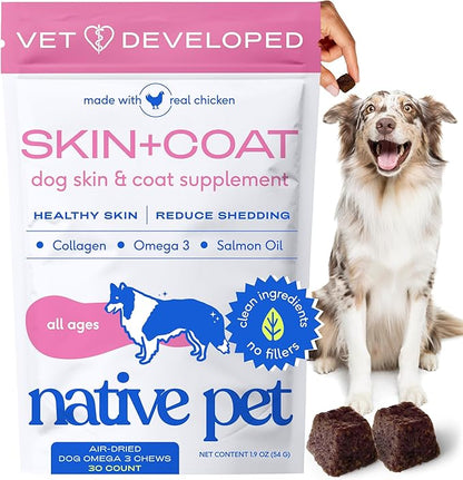 Native Pet Skin & Coat Chews - Omega 3 Fish Oil for Dogs Skin & Coat Supplement - Itch Relief, Shiny Fur & Shedding Support - Collagen, Hyaluronic Acid, Biotin, Probiotics & Salmon Oil - 30 Chews
