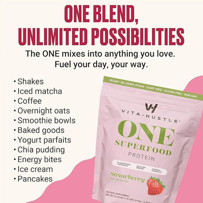 VitaHustle ONE Vegan Strawberry Protein Powder - 20g Plant Protein Meal Replacement with 86+ Superfoods & Greens, Probiotics + No Bloat Digestive Blend - Dairy Free, Gluten Free (15 Servings)