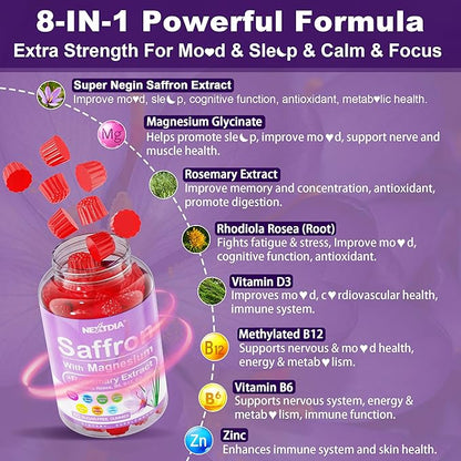 Nextdia Saffron with Magnesium Glycinate Gummies, 2 Months Supply -Sugar Free Magnesium 400/200mg w/Saffron,Rhodiola,Rosemary, B6,B12,D3 for S-leep, Calm,Focus, Relax, Nerve, Melatonin Free Gummies