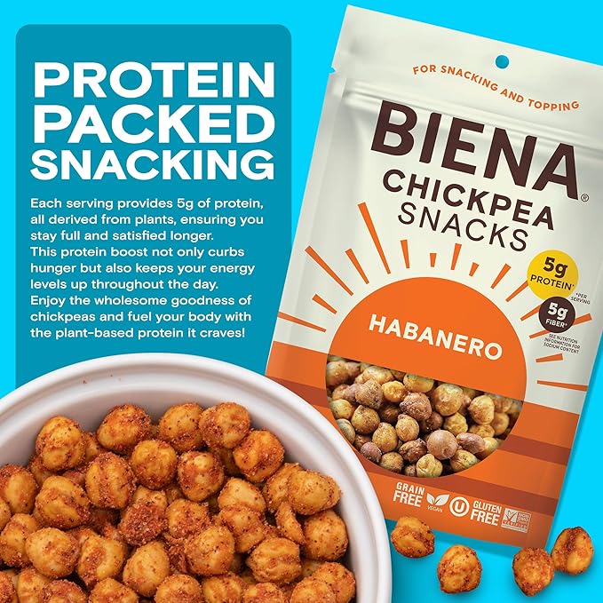 BIENA Chickpea Snacks - Crunchy Roasted Chickpeas - High Fiber Vegan Protein Snacks for Adults and Kids - 4-Pack, 5 Ounce - Habanero