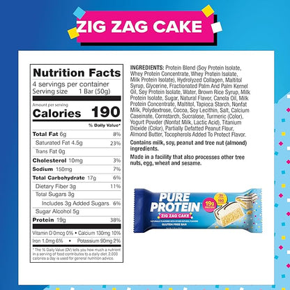Pure Protein Zig Zag Cake Protein Bars – 19g Protein, 3g Sugar, 190 Calories (4 count) Low Sugar* High Protein Snack - Gluten Free - Perfect for a Healthy Snack.