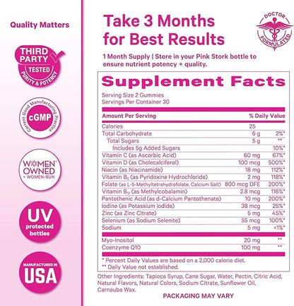 Pink Stork Premium Fertility Gummies | Fertility Supplements for Women with CoQ10, Myo-Inositol + Prenatal Vitamins | Conception Support | Hormone Balance for Women, Ovarian Care - 60 Gummies