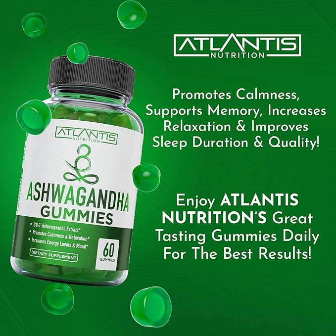 Atlantis Nutrition Ashwagandha Gummies - Ashwagandha Extract 30:1 - Promotes Calmness, Improves Mood, Boosts Energy Levels & Strengthens Immune System - Formulated w/Vitamin D & Zinc - Vegan | 60 Ct